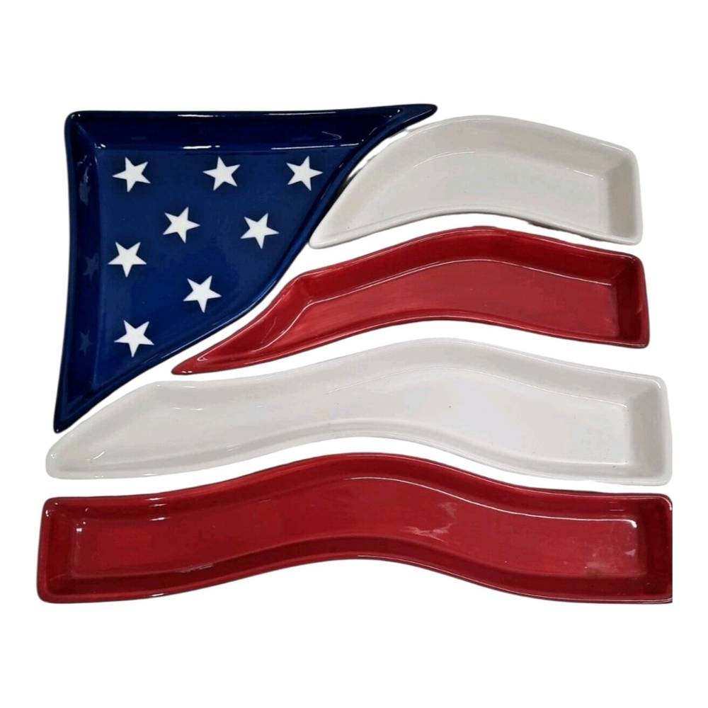 Home Interiors American Flag Ceramic Serving Platter Set - Patriotic
